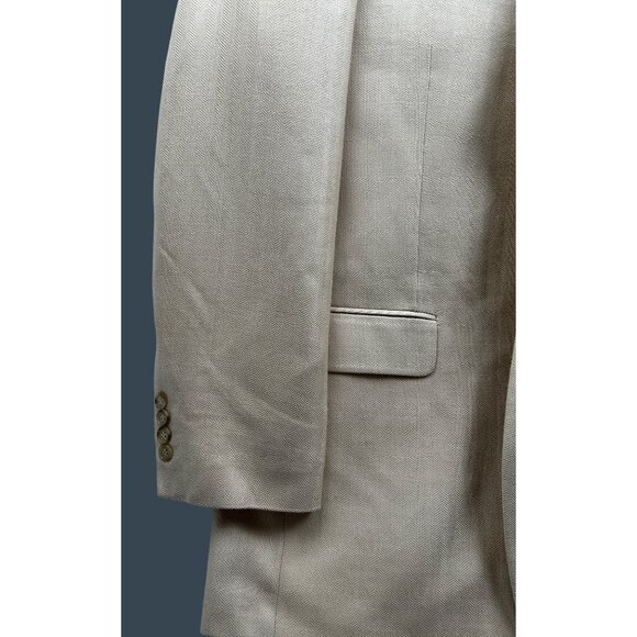 Haggar Black Label Blazer Mens 44L Beige 100% Silk Herringbone Sport Coat Luxury - Picture 5 of 9
